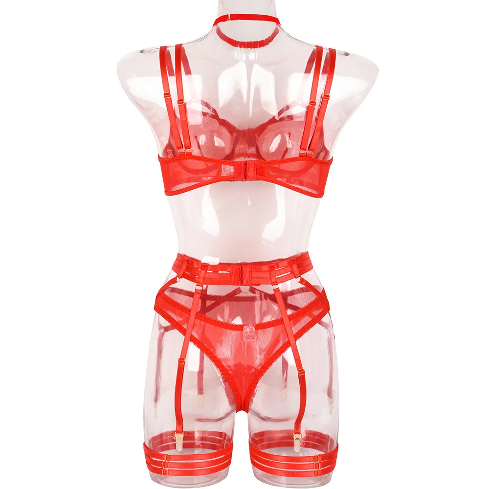 underwear set Dvicky Strap Bra Set Hot Red Cage Erotic Women's Lingerie See Through Lace Bandage Thong Panties Sexy Underwear Exotic Apparel panty sets