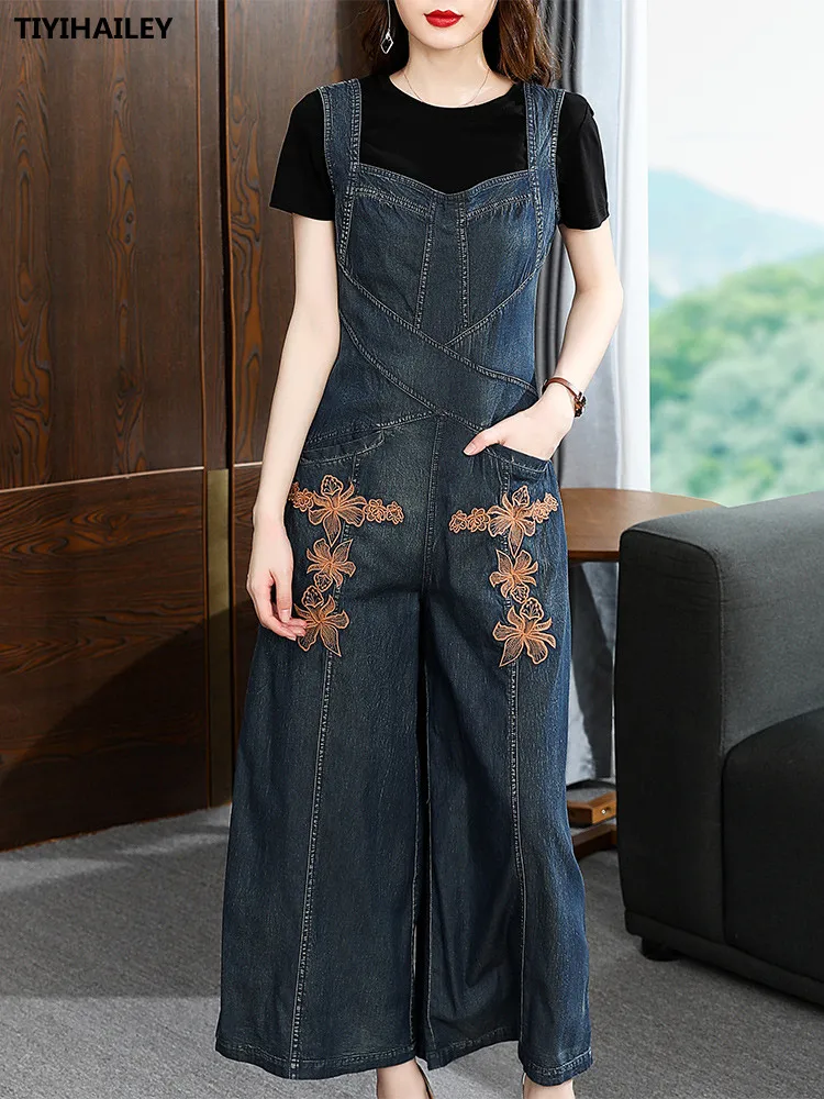 TIYIHAILEY Free Shipping Women Wide Leg Denim Embroidery Jumpsuit And Rompers S-3XL Sleeveless Thin Summer Trousers With Pockets women summer denim jumpsuit metal buckle strap large pockets women loose sleeveless straight jumpsuit dungarees streetwear