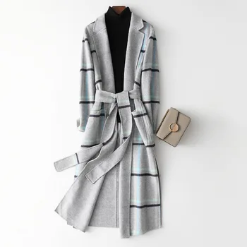 

100% Wool 2020 winter beige wool coat for women medium long slim double faced woolen coat women's woolen coat belt cashmere