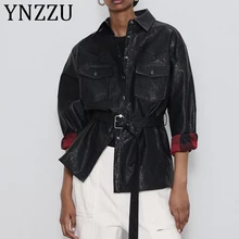 YNZZU Новая мода Искусственная кожа куртка Для женщин сплошной комбинезон для новорожденных с длинными рукавами Осень, экокожа(полиуретан), кожаное пальто женское плед лайнер верхняя одежда A1228