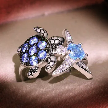

Female Summer Jewelry Banquet Wedding Rings Creative Inlaid Sea Blue Zircon Turtle Starfish Ring for Women Banquet Jewelry