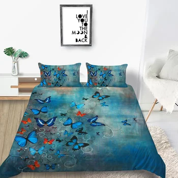 

High End Bedding Set Butterflies Artistic 3D Blue Duvet Cover Queen King Twin Full Single Double Unique Design Bed Set