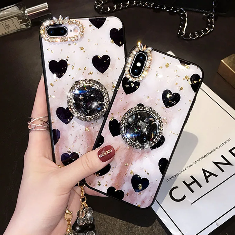 Роскошный модный чехол для телефона для iphone 11 Лот pro 7 8 xs max 6 6s x xr plus с кронштейном и золотым кристальным ремешком для женщин