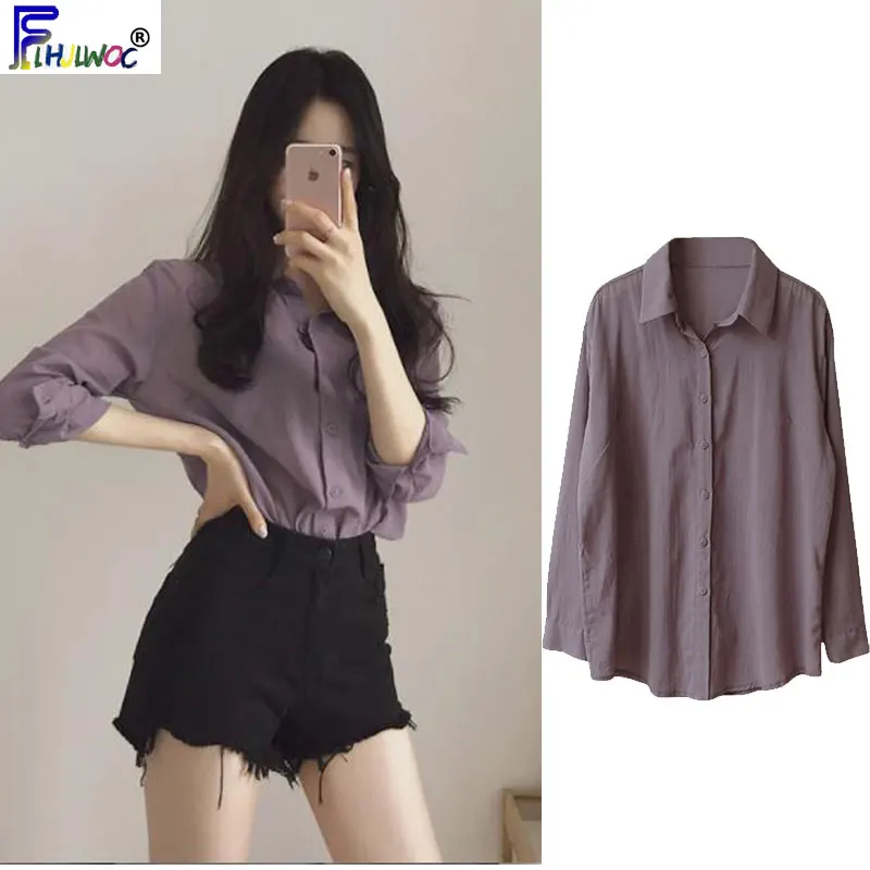 

Autumn Fall Design Tops Women Fashion Long Sleeve Casual Cute Preppy Style Korea Lady Basic Button Shirt Blouse Puple 8825