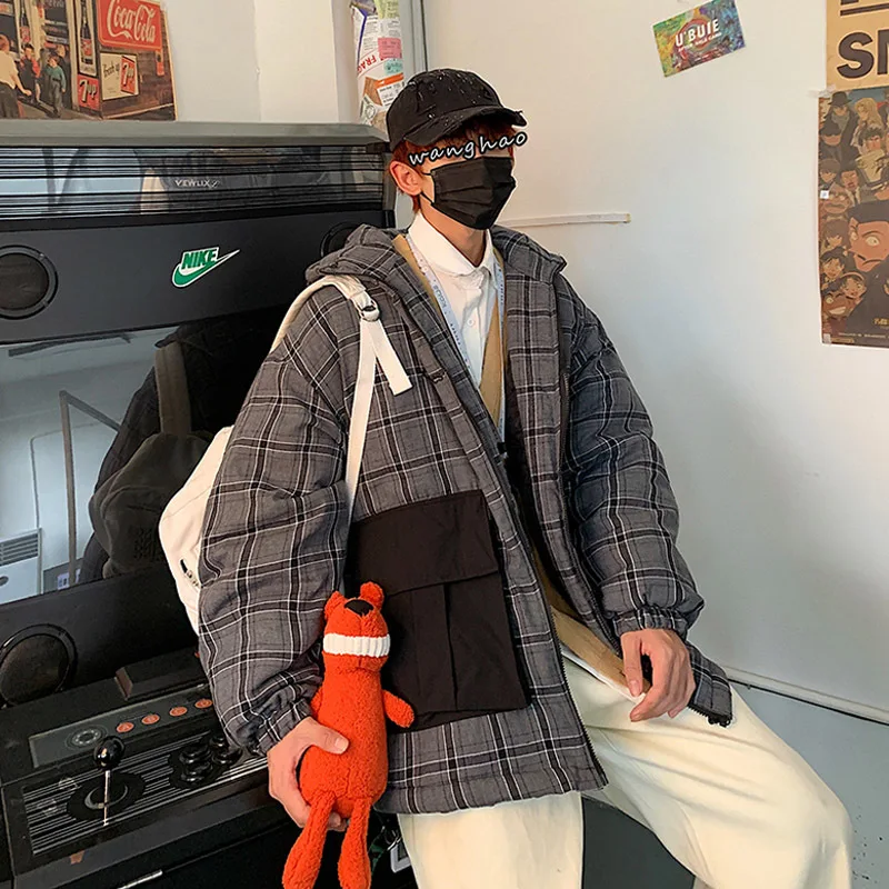 Зимнее Новое утолщенное клетчатое пальто для мужчин, теплая Модная парка для мужчин, ретро пальто с капюшоном, Мужская Уличная свободная хлопковая куртка, Мужская одежда