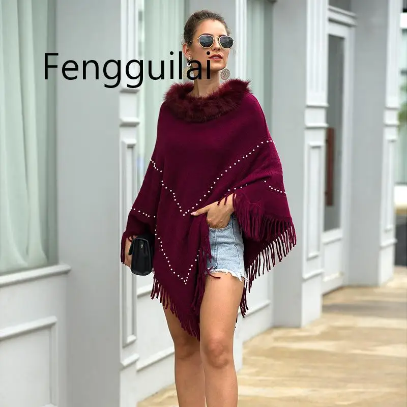 FENGGUILAI New Sweaters 2020 Faux Fur Collar Pullovers Autumn Winter Knitted Outwears Elegant Beading Cloaks Purple Tassel Wrap FENGGUILAI New Sweaters 2020 Faux Fur Collar Pullovers Autumn Winter Knitted Outwears Elegant Beading Cloaks Purple Tassel Wrap