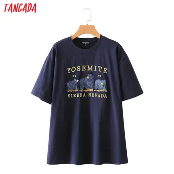 

Tangada women oversize embroidery cotton T shirt short sleeve Janpan style ladies casual long shirt street wear top 2M72