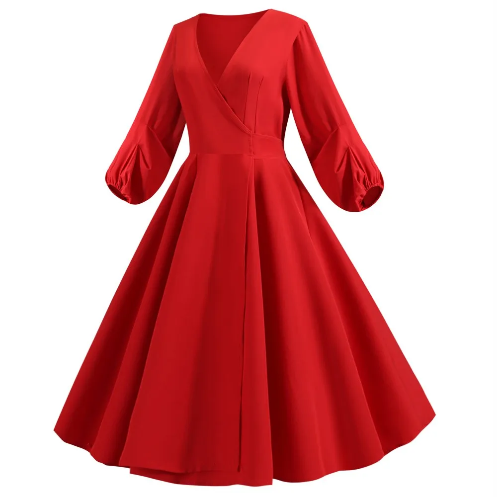 Joineles элегантное платье с рукавами-фонариками, женское вечернее платье, красное платье с бантом, v-образный вырез, ретро платье, 60 s, винтажное платье с длинными рукавами, Vestidos