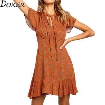 

2020 Chiffon Floral Casual Dress Summer Clothes For Women Ruffled Sexy Short Dress Woman Short Sleeve V-neck Boho Mini Dresses
