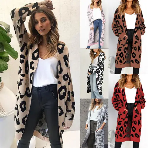Новые Элегантные женские леопардовые пальто-Кардиган с длинным рукавом, вязанный кардиган, открытая лицевая сторона куртки, модный уличная одежда, негабаритный свитер