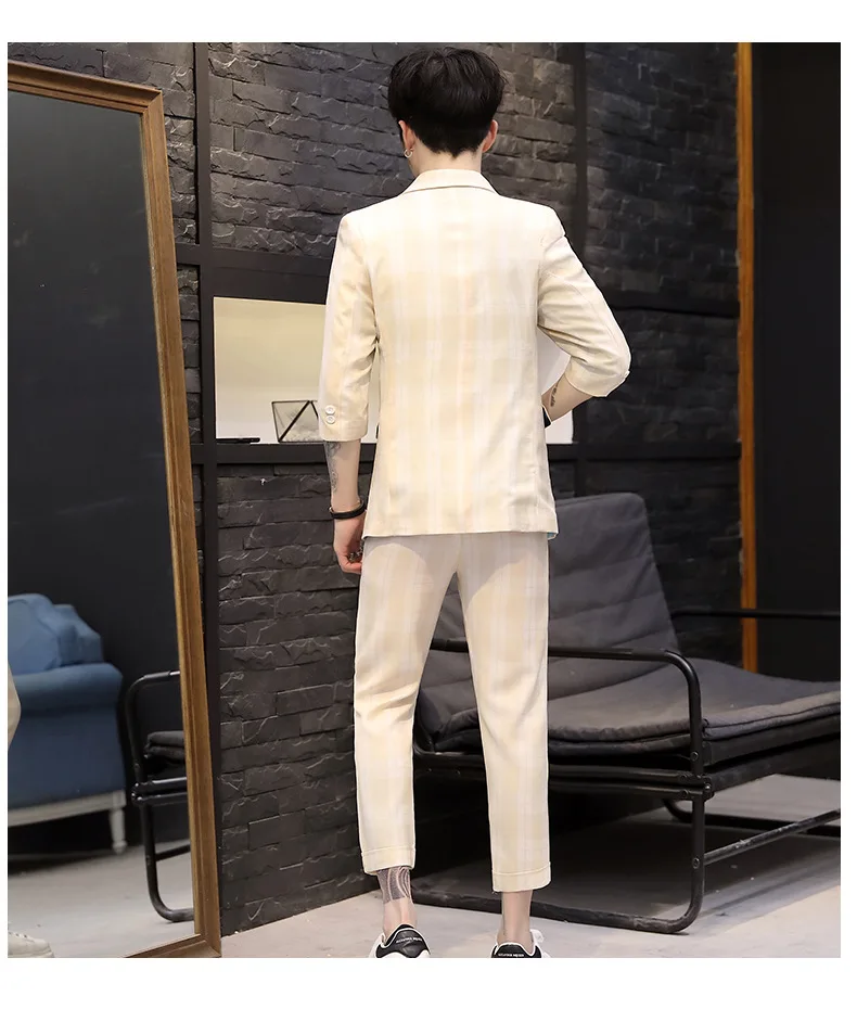 Весна стиль корейский стиль Slim Fit тренд Клетчатая Мужская рубашка с коротким рукавом Повседневный красивый костюм куртка много цветов