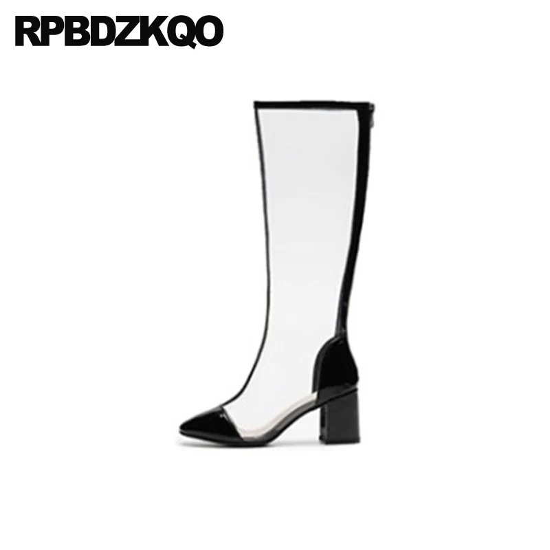 knee high chunky pvc boots patent leather long brand transparent designer shoes women luxury square toe heel big size black