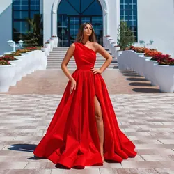 Simple One Shoulder Evening Dresses Satin High Side Slit Prom Gowns A-line Pleat Formal Party Dresses Custom Made Robe De Soiree