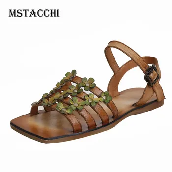 

MStacchi Girl Flower Appliques Narrow Band Sandals Leisure Rivet Square Toe Rubbing Color Shoes Buckle Woman Retro Flat Sandals