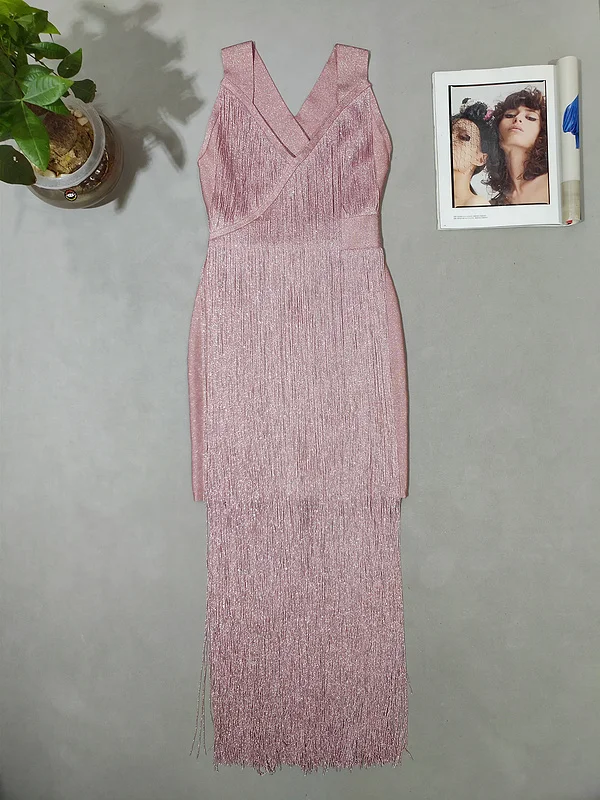Женские Вечерние наряды для выпускного вечера, вечерние платья знаменитостей с v-образным вырезом и перекрещивающимися спинками HL, премиум, вискозные бандажные платья миди с кисточками