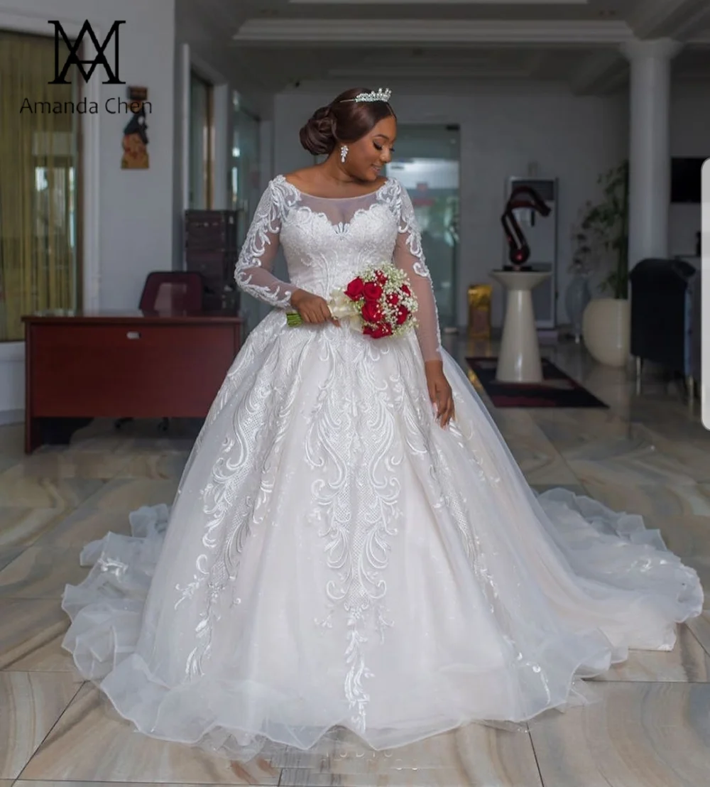 Vestidos de novia corte sirena кружевная Апликация с длинными рукавами блестящее свадебное платье