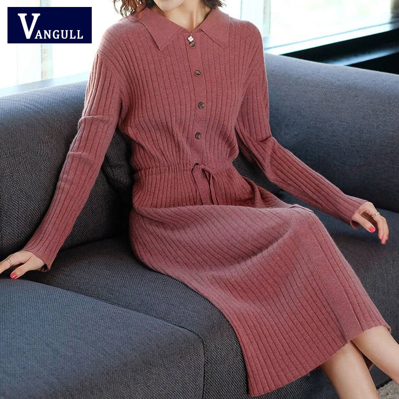 Buy Vangull Women Knitted Dresses Solid Female Long Sleeve Dress 2019 New Autumn Winter Turn down Collar Button Solid Slim Dresses