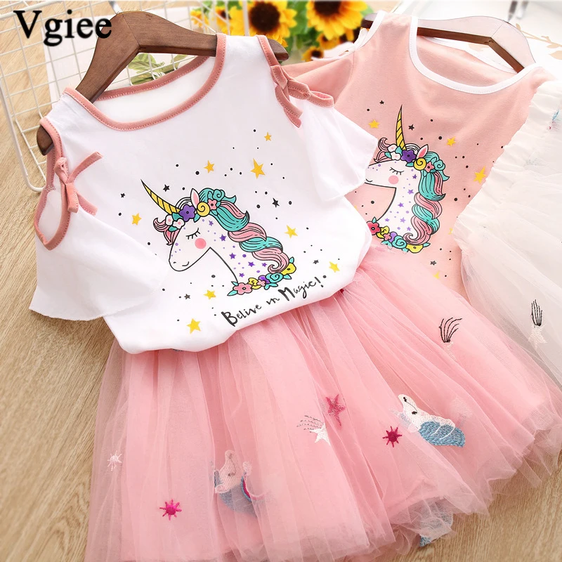 Vgiee Unicorn Girls Dress 2pc Clothes Set Baby Toddler Outfits Summer T- Shirt Children Kid Dresses for Girl 3 Years Party Dress