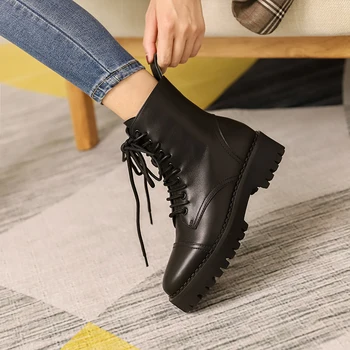 

Genuine Leather Boots Women Med Heels Ankle Boots Lace-up Round Toe Party Wedding Shoes Woman Female Basic Boots