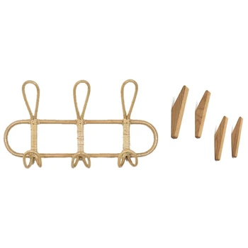 

4Pcs Natural Wood Coat Hook Clothes Hanger Wall Hanger & 1x Rattan Wall Hooks Kids Garments Organizer Rack