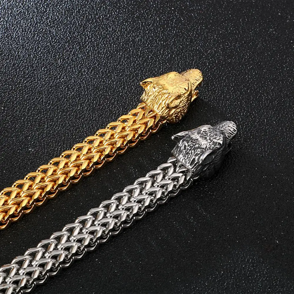 Baratos Brazalete con colgante de lobo vikingo de roca de calen, pulsera de acero inoxidable para hombre, cadena de malla de 20,5 cm y 22,5 cm, pulseras Punk de lobo dorado