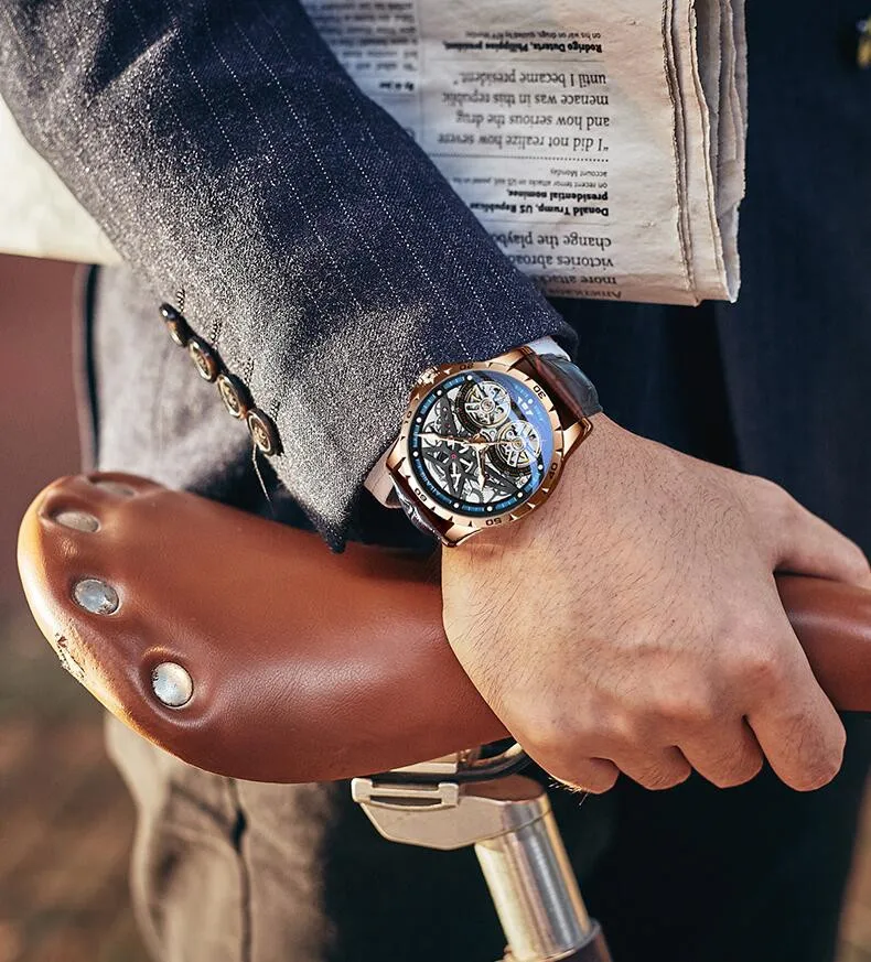 Дизайнер AILANG военные светящиеся мужские часы стальной Автоматический Скелет Водонепроницаемый двойной турбийон часы Montre Homme