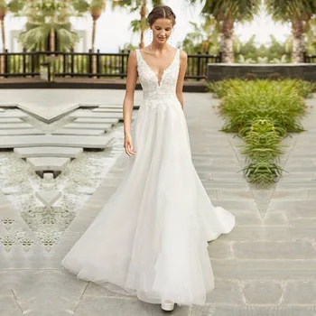 

Eightale V-Neck Wedding Dress Boho Appliques Lace Princess Wedding Gown A-Line Tulle Bridal Dress Vestido De Noiva Simples 2020