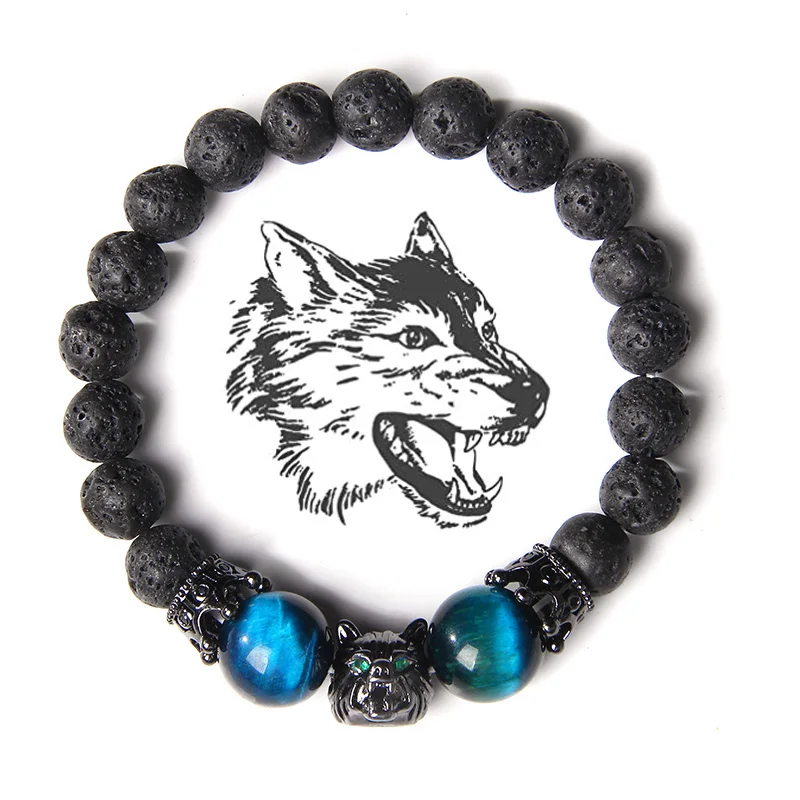 Hematite stretch mens beaded bracelet with wolf head