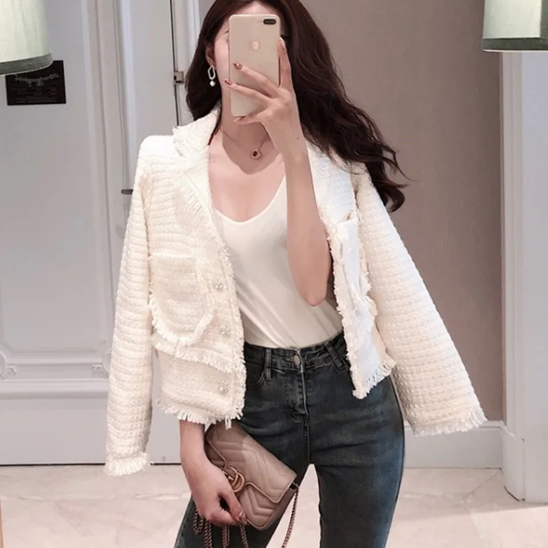 

Tweed Jacket Coat Spring/Autumn Women's Short Woolen Cashmere Coat Long-sleeve Slim Rough Edge Elegant Jacket Fashionable