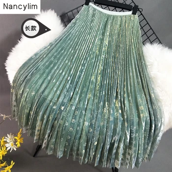 

Fairy Fresh Wave Matcha Green Skirt Women's Fashion Light Silk Draped Gauze Skirt Girls Ladies High Waist Long Pleated Skirt