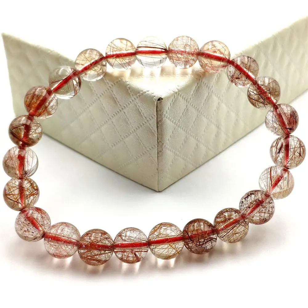 

Top Natural Copper Rutilated Quartz Crystal Clear Stretch Round Beads Bracelet 8mm Wealthy Stone Jewelry From Brazil AAAAA