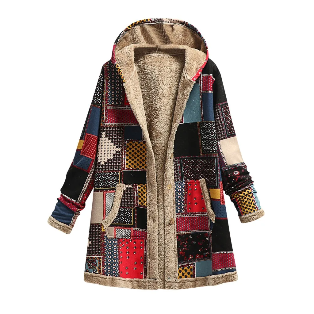 Winter Vintage Women Coat Warm Printing Thick Fleece Hooded Long Loose Jacket with Pockets For Ladies 