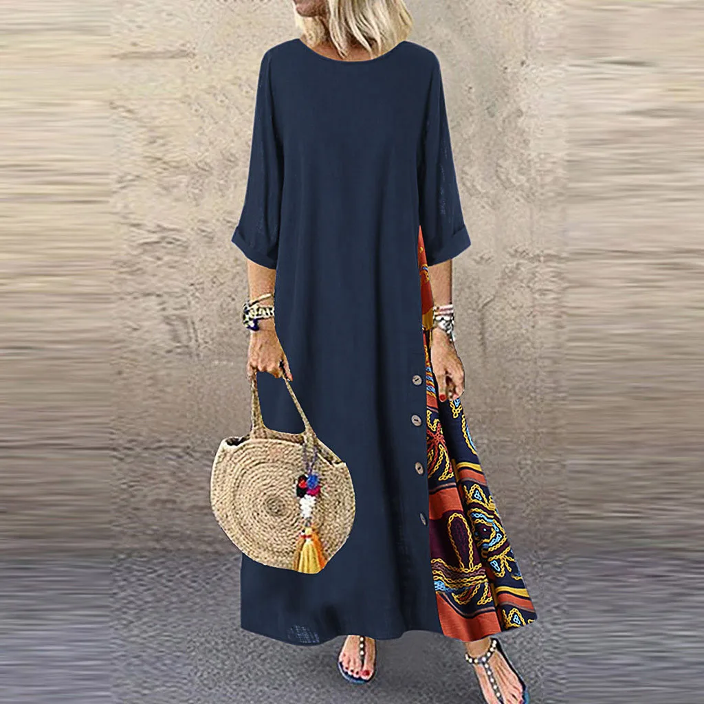 

Mid-calf Dresses Women Casual Patchwork 3/4 Sleeves Round Collar Button High Low Hem Plus Size Cotton Linen Dress Vestido#20