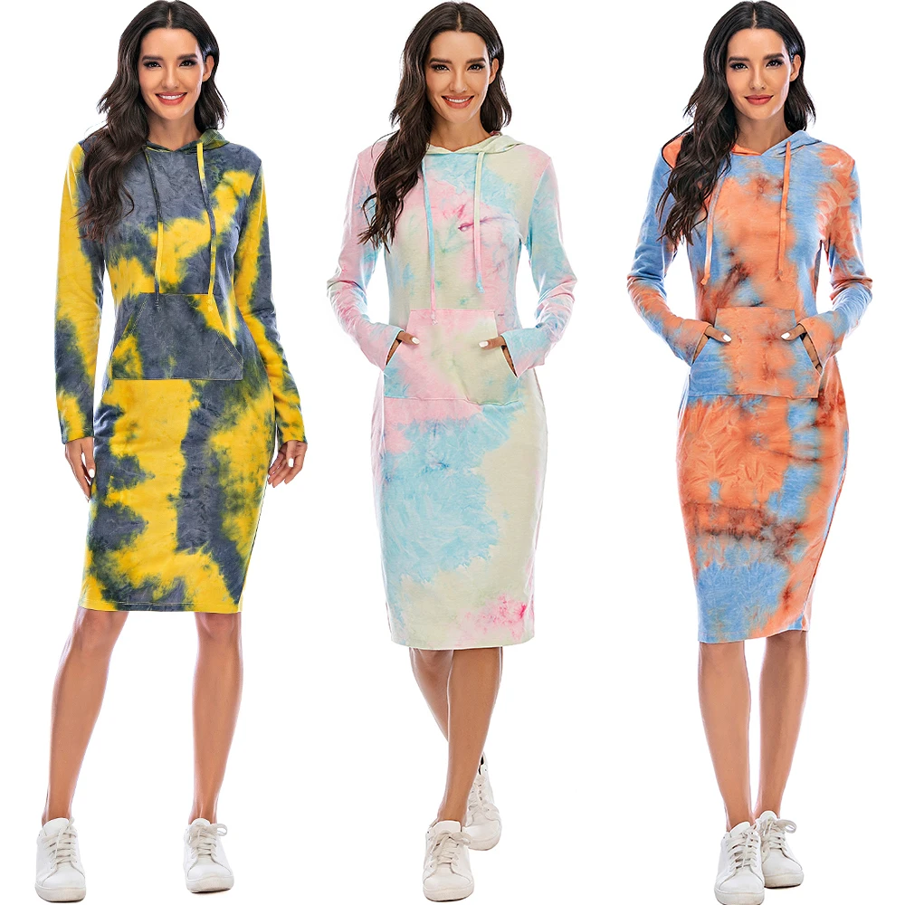

Women's Dresses Women's Casual Dress Long Sleeve Solid Hooded Sweatshirt Long Tunic Tops Pullover Dresses