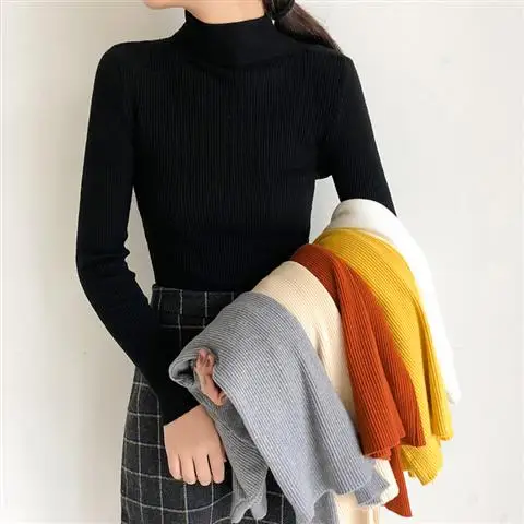 En venta Suéter de punto para mujer, Jersey estriado de manga larga, cuello alto, suave y cálido, BZY003, otoño e invierno, 2019 w5K5Zp7an