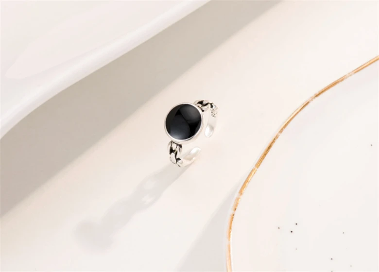 С большим черным камнем простые штабелируемые кольца Anel винтажные Ретро 925 пробы популярные минималистичные красивое кольцо на палец женские ювелирные изделия