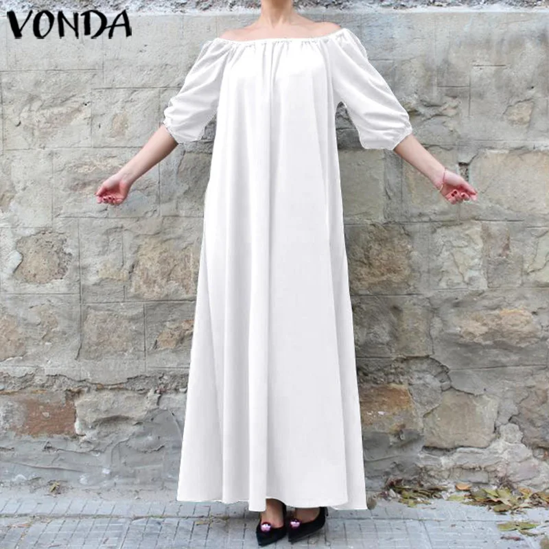 VONDA, женские сексуальные длинные платья с открытыми плечами, повседневные однотонные вечерние платья размера плюс, летние пляжные сарафаны vestidos 5XL