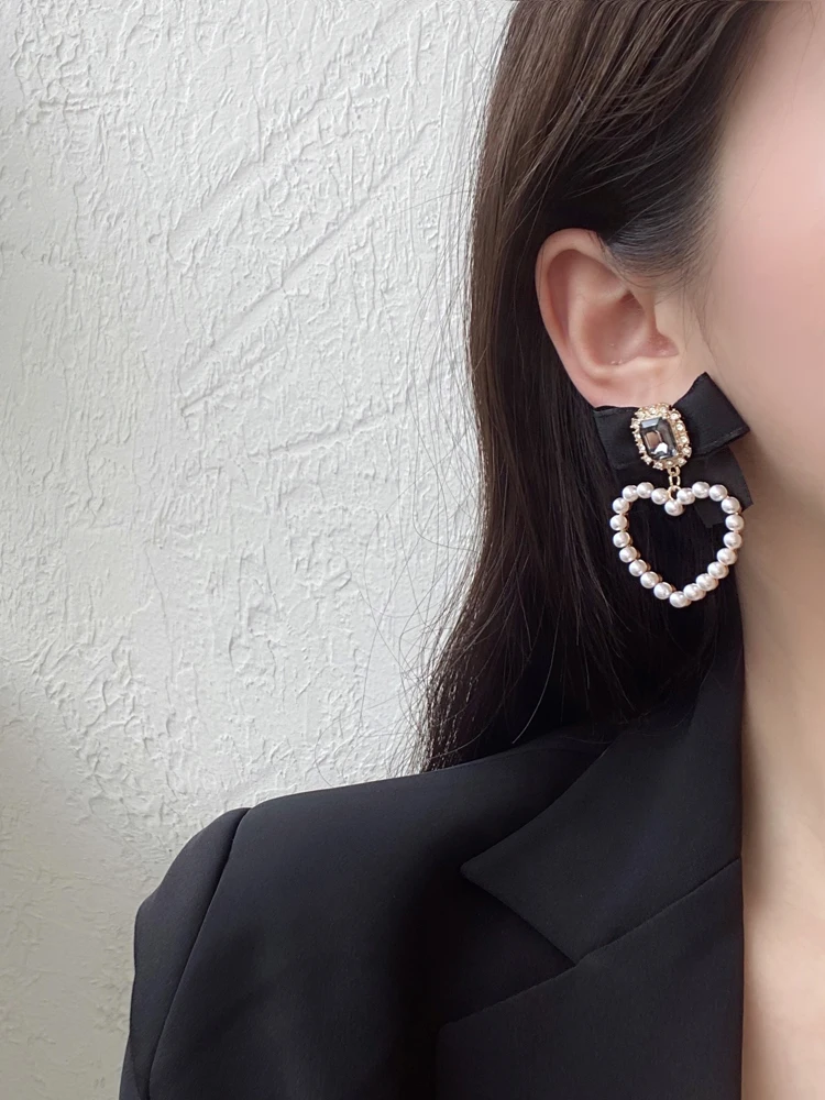 Dangle Earrings Drop Earrings Bowtie Earrings Crystal Earrings S925 Needle Jewelry Black Bowknot Crystal Glass Simulated Pearls Heart For Girl