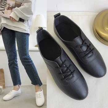 

2020 Women Spring Ballet Flats Shoes Soft Leather Female Loafers Round Toe Slip On Flat Lace-up White Shoes Ladies Oxford Shoes