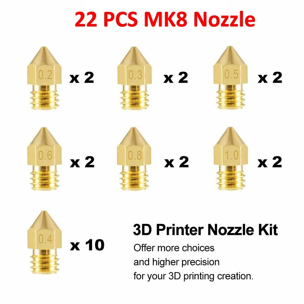 22PCS MK8 Extruder Nozzle Print Head 1.75mm 3D Printer Nozzle 0.4 0.5 0.6 0.8 0.3 1.0mm for Makerbot Creality CR-10 Ender 3 5