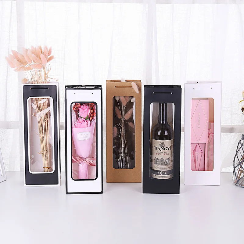 

12pcs Christmas Red Wine Bag Single flower Gift Bag Vertical Rectangular wedding Transparent Hand-held packaging Paper Bag
