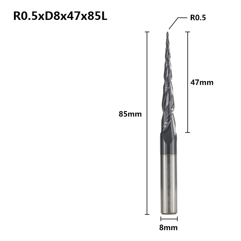 XCAN 1pc R0.25-R2.0 TiAIN Coating 2 Flute Tapered Ball Nose End Mill CNC Router Bit Carbide Milling Cutter Wood Engraving Bit - Cutting Edge Length: R0.5xD8x47x85L