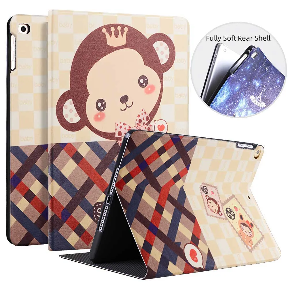 Painting Cute Bear Cases For iPad New Air 1 2 A1823 A1954 A1566 Cartoon Rabbit Flower Monkey Shockproof Tablet Leather - Цвет: Monkey