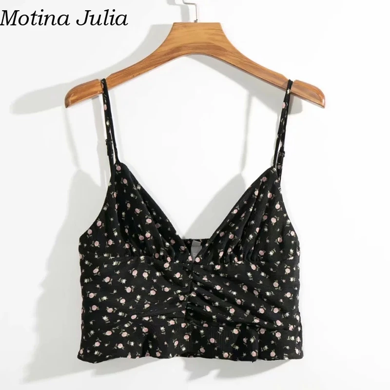 Motina Julia, сексуальная короткая майка с цветочным принтом и рюшами, женская летняя элегантная повседневная Пляжная майка, крутая Женская милая майка на бретелях