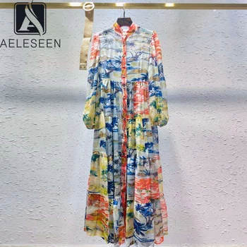 

AELESEEN Runway Fashion Long Autumn Dress Women Full Lantern Sleeve Colorful Flower Print Belt Vintage Party Holiday Dress