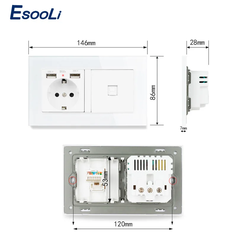 Роскошная стеклянная панель Esooli настенная розетка стандарта ЕС 2 USB порт для