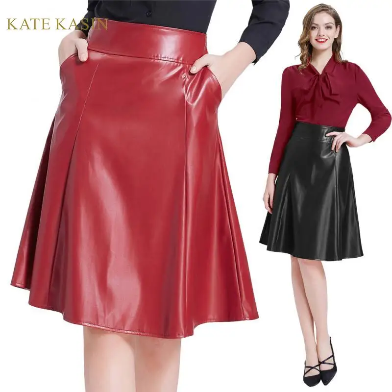 Kate Kasin Женская юбка из искусственной кожи с карманами, расклешенная трапециевидная юбка, Женская винтажная юбка миди с молнией сзади черного/красного цвета из искусственной кожи