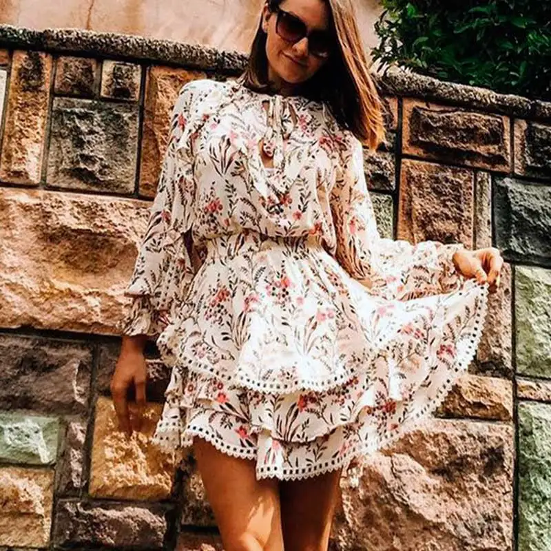 

Strawberry Cream summer dress V-neck frill lace trim gypsy women dress long sleeve holiday casual boho dress 2019