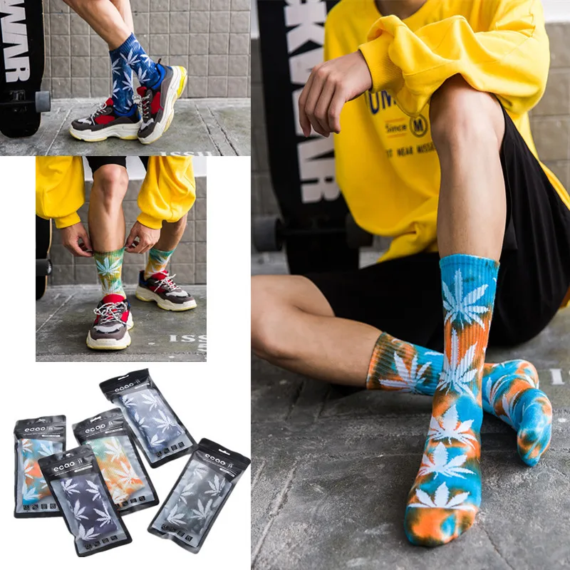 

Street web celebrity tie-dye ins skateboard hip-hop maple leaf half loop tube sports socks in male female socks