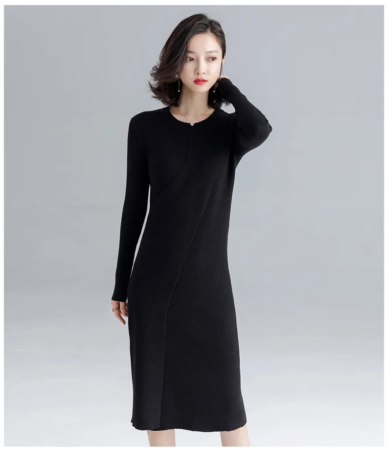 INNASOFAN вязаное платье женское осенне-зимнее платье с длинными рукавами евро-американская мода шикарное элегантное однотонное платье